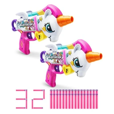 Bild av XShot Blastercorn, Unicorn Blaster, (2 blasters, 32 dart), Air Pocket Technology Dart och förvaring, utomhusleksak för pojkar flickor, tonåringar vuxna, brun låda, pilar)