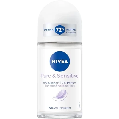 Bild av NIVEA Pure &amp; Sensitive deodorant Roll On, antiperspirant lämplig för känslig hud, parfymfri utan etylalkohol 72h skydd (50 ml)