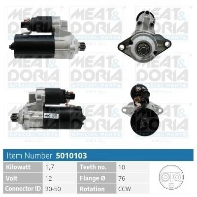 Bild av MEAT &amp; DORIA 5010103 Startmotor 12V 1,7kW 10 30 50 76mm SKODA: Octavia 2 Combi, Superb II Kombi
