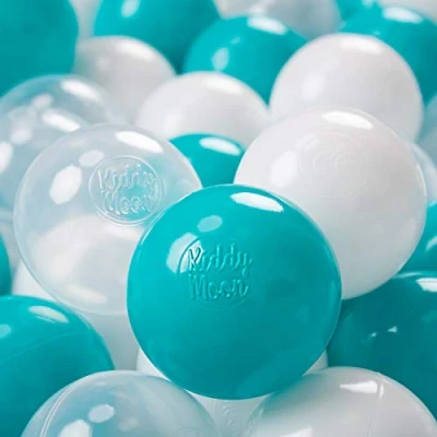 Bild av KiddyMoon 700 Ø 7 cm barnbollar, lekbollar för bollbad, baby, plastbollar, tillverkade i EU, turkos/transparent/vit