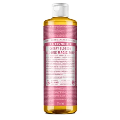 Bild av Dr. Bronner&#039;s 18 i 1 flytande tvål med körsbärsblommor renkastilier, tillverkad genteknikfria produkter, används för ansikte, kropp, hår, tvätt och porslin, certifierad rättvis handel &amp;