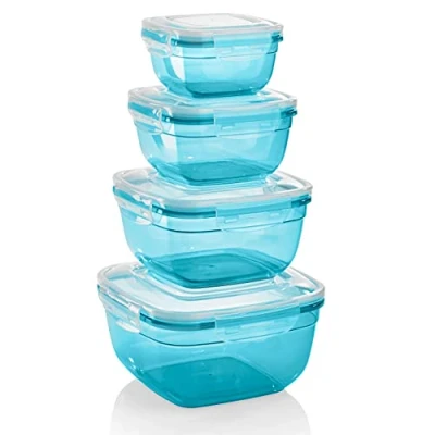 Bild av Grizzly 4 pack fyrkantiga förvaringsburkar (0,5 l, 0,9 1,5 2,4 l), plast, 100% lufttät, mikrovågsugnssäker, petroleum