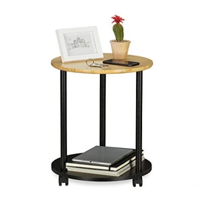 Bild av Relaxdays sidobord med hjul, runt och mobilt bord i modern design, av bambu, 49 x 40 cm, svart/natur