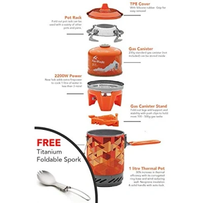 Bild av Fire Maple 2022 version FMS X2 ultralätt kompakt vindtät kokstrålepanna Titan Spork Piezo tändningsstöd och stativ (orange 2200 W)