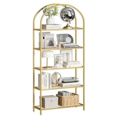 Bild av VASAGLE 5 våningshylla, hyllenhet i härdat glas, välvd design, stålkonstruktion, för vardagsrumsrum, arbetsbadrum, gyllene färg LGT050A01