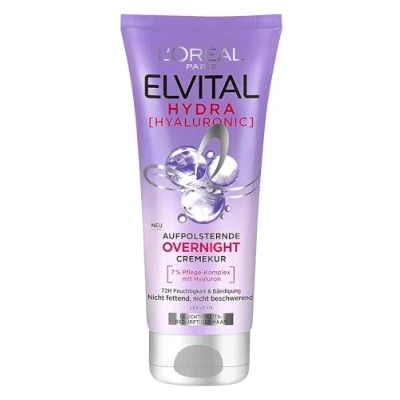 Bild av L&#039;Oréal Paris Elvital Hydra Hyaluronic fuktgivande hårmask för glänsande hår, Leave In en fuktboost och skydd över natten, långvarig fukt vård, 200 ml
