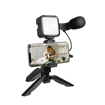 Bild av LogiLink Vlogger kit med LED ljus (36 LED), Shotgun mikrofon stativ för 4,77 tums smartphones, svart