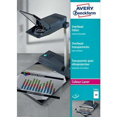 Bild av AVERY Zweckform 3561 Overhead filmer för färglaserskrivare (50 genomskinliga folier, A4, specialbelagda, stapelbara, extremt värmestabila tack vare ökad folietjocklek 0,13 mm, lösningsmedelsfri)