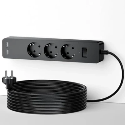Bild av 3 vägs grenuttag, m med USB, NTONPOWER flera uttag, överspänningsskydd, väggmontering, använd lim, lång förlängningskabel barnsäkring, svart, flerdelad
