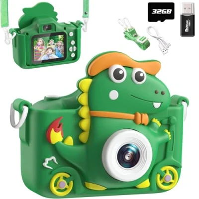 Bild av Dinosauriekamera, barnkamera med 2 tums display, 1080P, selfiekamera för barn 32 GB, passar alla i åldern 312 år, både pojkar och flickor, jättefin som present leksak (grön)