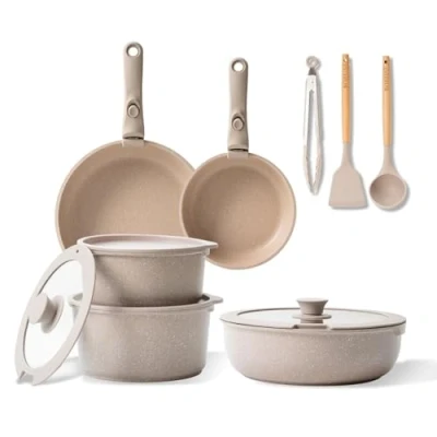Bild av BOREINE Kastrullset, Non stick kastrull set, kastrullset induktion, kastruller och stekpannor, Kökssats, med avtagbart handtag, pan Ugnssäker (Brun, 14st)