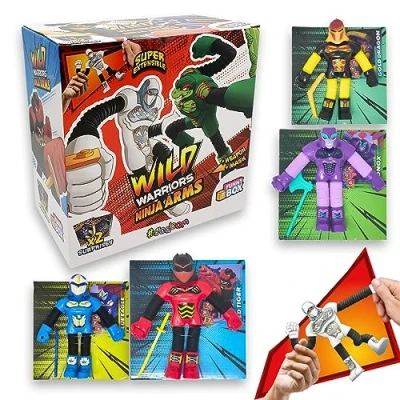 Bild av Sbabam, FUNNY BOX Wild Warriors Ninja Arms, Barnspel Tidningskiosk, Robot Leksak Med Utbytbara Masker och Vapen, Krigare Leksaker, 25 cm utdragbara armar ben, 2 pack