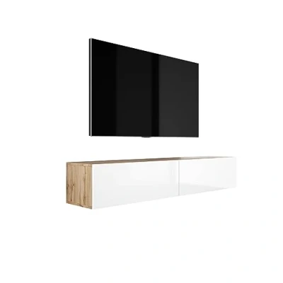Bild av 3E 3 x E living.com hängande TV skåp med push to open funktion (B: 170 cm, H: 34 D: 32 cm) lågboard, bräda, i WOTAN ek och vit högglans