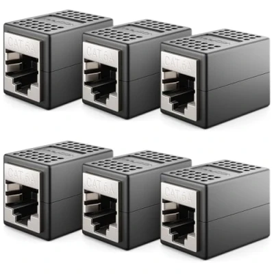 Bild av deleyCON 6 Stycken RJ45 Koppling (10 Gbit/s) LAN Kabelförlängning Nätverkskabel Ethernet Adapterkontakt Kompatibel med Cat8, Cat7, Cat6, Cat5 Patchkabel DSL POE 2X Uttag Svart