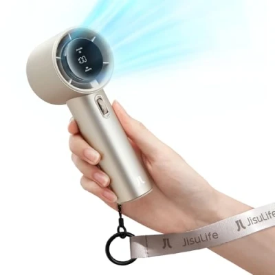 Bild av JISULIFE Bärbar handhållen fläkt, hastighet (1 100) justerbar turbo minifläkt, 5 000 mAh batteri uppladdningsbar personlig fläkt med metallkropp, digital skärm, för kvinnor män