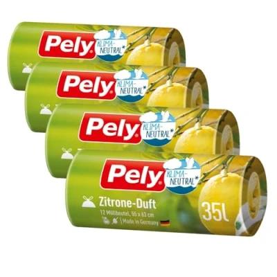 Bild av Pely dragband soppåse med citrondoft klimatutraliserad genom kompensation, värdepaket (4 x 12 stycken), gul, för bortskaffande av resterande avfall (35 liter) behaglig doft