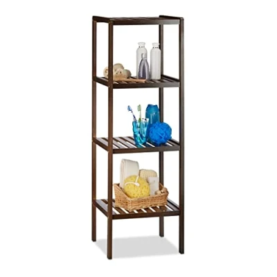 Bild av Relaxdays badrumshylla i bambu med 4 hyllplan, ca 110 x 34,5 33 cm, hög golvhylla, kökshylla, trähylla, mörkbrun