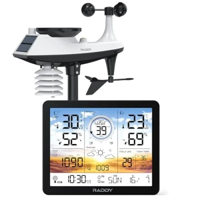 Bild av Raddy AG7 väderstation trådlös med utomhussensor, termometer, hygrometer, 7,4 tums digital display DCF radioklocka, temperatur och fuktighetsmätare väderprognos barometer