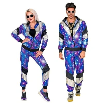 Bild av W WIDMANN MILANO Party Fashion Kostym 80 talet träningsoverall disco, jacka och byxor, joggingdräkt, retrostil, badknappfest, karneval, temafest