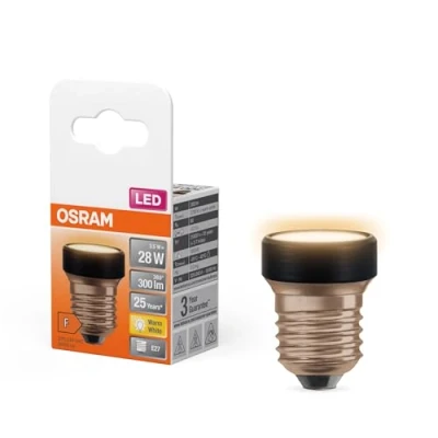 Bild av OSRAM LED Star Flat med 3,5 W (som 28W), 300lm/2700K, 827 varmvit, frostad, plast i svart, E27 skruvgänga, ej dimbar, 35 mm diameter.