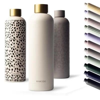Bild av MAMEIDO dricksflaska rostfritt stål 750ml läckagesäker termosflaska, kolsyra lämplig, BPA fri, isolerad flaska 12h varm &amp; 24h kall (Ivory Beige Gold, 0,75l)
