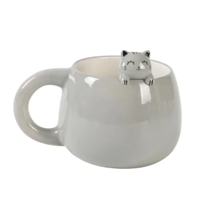 Bild av I TOTAL® ceramic mug with animal on the edge, tea or coffee cups (GREY CAT) 450 ml