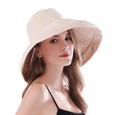 Bild av AIDIER Kvinnor brett brätte solhattar med remmar damer vikbar UPF 50+ solskydd hinkhatt elegant resa sommarhatt, BEIgE, one size
