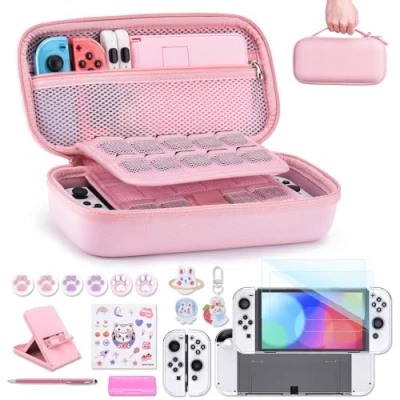 Bild av Switch OLED tillbehör Bunt innoAura 18 i 1 paket med NS fodral, Game Case, skärmskydd, Stand, Thumb Grips (Rosa)