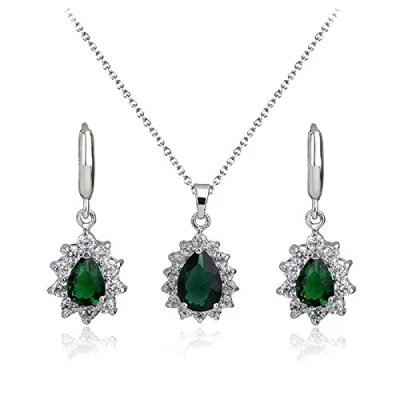 Bild av Crystalline Azuria Tårdroppe Grön Simulerad Smaragd Zirkoniumkristaller Smyckesset Uppsättning Hängsmycke Halsband Örhängen 18ct Vit Guldpläterad