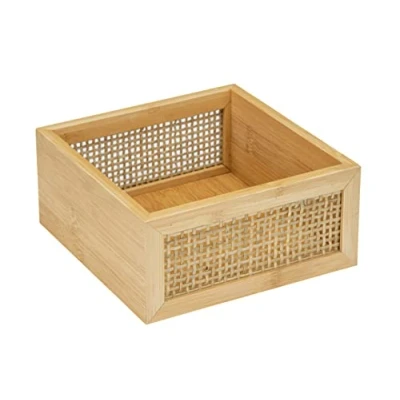 Bild av WENKO Badrumslåda Allegre M, dekorativ låda med lock i trendig boho stil av högkvalitativ bambu och rottingfläta, för förvaring badrumstillbehör eller tillbehör, 15 x 7 cm, natur