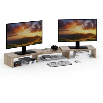 Bild av ComfortCove Dual Monitor Stand Riser, Stand, Desk Organizer, Laptop Computer 3 hyllor Justerbar längd, perfekt för ditt hemmakontor, Sonoma