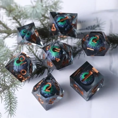 Bild av DND tärningsset flytande pupill draköga harts skarp kant tärning 7 delar handgjord D&amp;D för polyhedrala fängelsehålor och drakar Ttrpg stigfinnare RPG rollspel med presentask