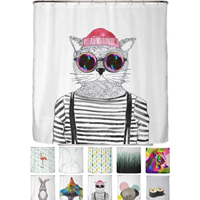 Bild av arteneur® Duschdraperi, mögelbeständigt, 180 x 200 cm, återvunnet med Oeko Tex standard 100, viktad fåll, ogenomskinligt, vattentätt, tvättbart, 12 ringar, hipsterkatt från Berlin