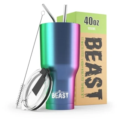Bild av Beast isolerad mugg kaffe 1100 ml I regnbåge rostfritt stål återanvändbar, isotermiska koppar 2 sugrör och rengöringsborste termos dubbelvägg resekaffe varmt eller is