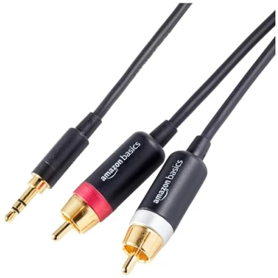 Bild av Amazon Basics Adapter Till Ljudkabel 3,5 AUX 2 RCA, För Förstärkare, Aktiva Högtalare Med Guldpläterade Kontakter, Svart, 2,4 m