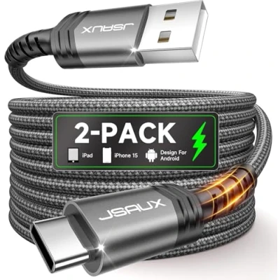 Bild av JSAUX USB C kabel 3,1 A [2 stycken 2 M], typ laddningskabel, snabbladdning, kompatibel med iPhone 16 15 Pro Max, Samsung Galaxy S24 S23 Ultra A55 A53 S22 S21 S20, CarPlay, Android bil, PS5