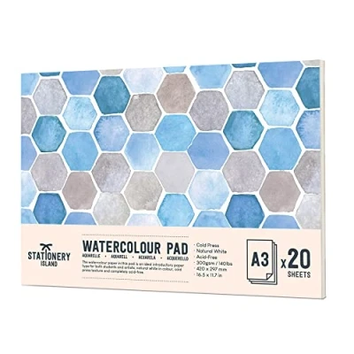 Bild av Stationery Island A4 Akvarellpapper målarblock papper kallpressad bomullsblandning skissbok dubbeltexturerat (A3, 20 sid)