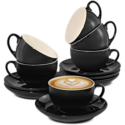 Bild av Cosumy Uppsättning med 6 Cappuccinokoppar underlägg svart keramik diskmaskinssäker håller sig varm länge 180 ml