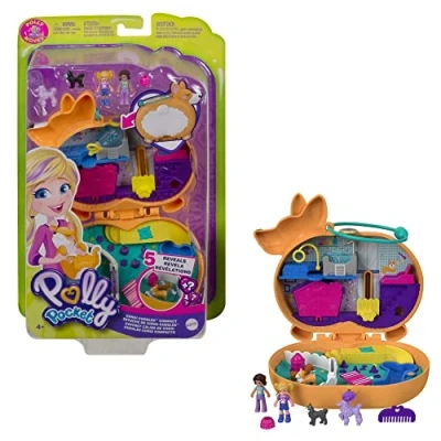 Bild av Polly Pocket GTN13 Corgi Cuddles lekväska, Två Minidockor, Hundar och Tillbehör, för Barn från 4 år