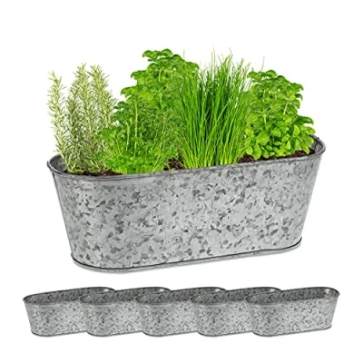 Bild av Relaxdays Zinkpanna set med 6 galvaniserade växtskålar, ovalt järnbadkar för utomhusbruk, H x B D: 11 30,5 13,5 cm, silver