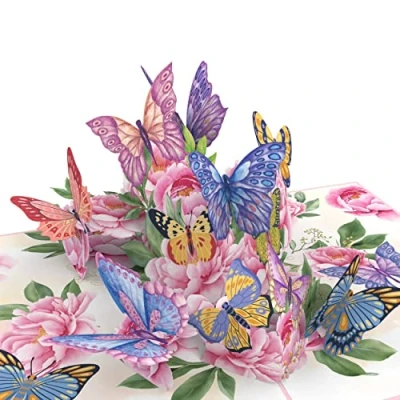 Bild av MOKIO® Popup Blomkort Blommor med Fjärilar 3D presentkort för en födelsedag, som kupong eller kontantpresenter, handgjort gratulationskort kuvert