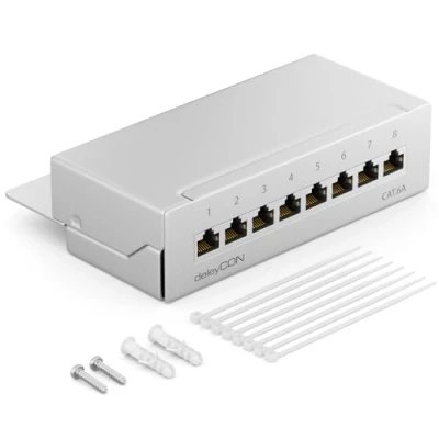 Bild av deleyCON CAT 6a Patch Panel Distributionspanel 8 Port Stationär och Väggmonterad 8x RJ45 Hona TIA568A TIA568B Ljusgrå