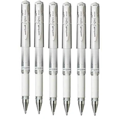 Bild av Uni Ball vit Signo penna bred metallisk gel bläck rollerball metall 1 mm spetsspets 0,65 linjebredd med gummigrepp UM 153 (förpackning 6)