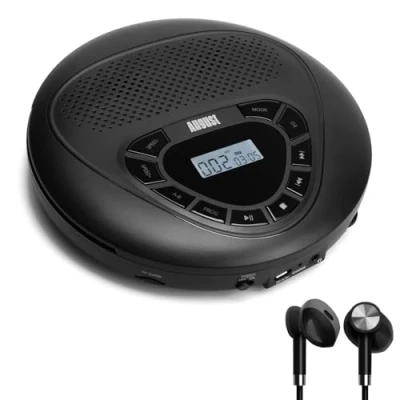 Bild av bärbar uppladdningsbar CD spelare August SE10 Discman Walkman med anti Shock glip MP3 LCD display/Disc/Micro SD/equalizer/AUX kabel för vuxna barn