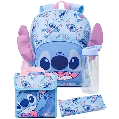 Bild av Disney Lilo och Stitch ryggsäck för flickor Barn Alien Character Merchandise 3D öron skolryggsäck pennfodral vattenflaska tillbaka till skolan väskgåvor, BLÅ, En storlek, Ryggsäckar