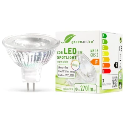 Bild av greenandco® CRI 90+ 2700K 38 LED spot ersätter 30W GU5.3 MR16 halogenstrålkastare, 3W 270lm varmvit 12V AC/DC, inte dimbar