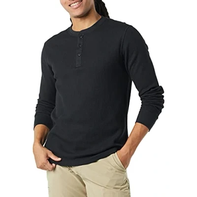 Bild av Amazon Essentials herr normal passform långärmad våffla Henley skjorta, svart, X Large