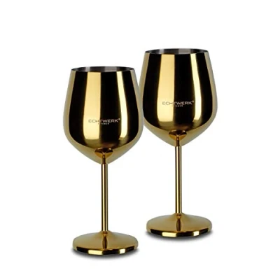 Bild av ECHTWERK Okrossbara vinglas/vinbägare av rostfritt stål, vinglas set, rödvinslas, vinprovglas, campingglas, cocktailglas, robust, okrossbar, Gold Edition, 2 st., 21 x 7,3 cm, 0,5 l