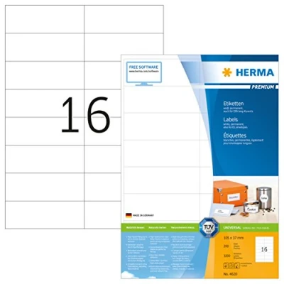 Bild av HERMA 4620 universella etiketter A4 (105 x 37 mm, 200 ark, papper, matt) självhäftande, utskrivbara, permanenta adressetiketter, 3 klistermärken, vit