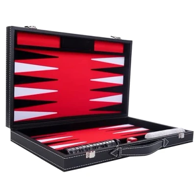 Bild av Engelhart Lyxig backgammon 38 cm Högkvalitativa material Simili läder, speciellt filtinlägg pärlstärning och token + 2 koppar Pro. fritid (röd)